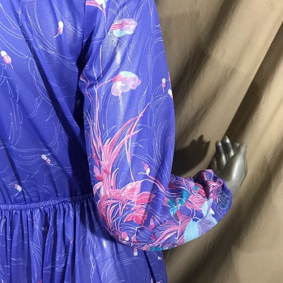 Vintage Mavinette Dress Women's Small/Medium Purple Pink Blue Floral Pattern 3/4 - Picture 10 of 16